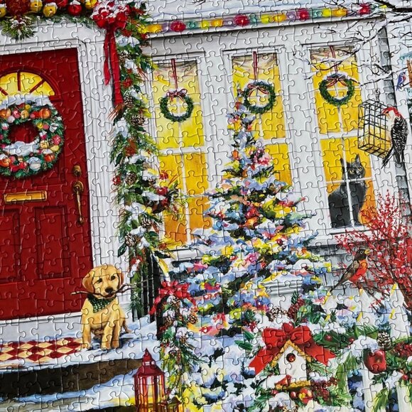Vermont 1000 Piece Puzzle Winter Welcome Holiday Christmas Scene Red Door Dog - Picture 6 of 7